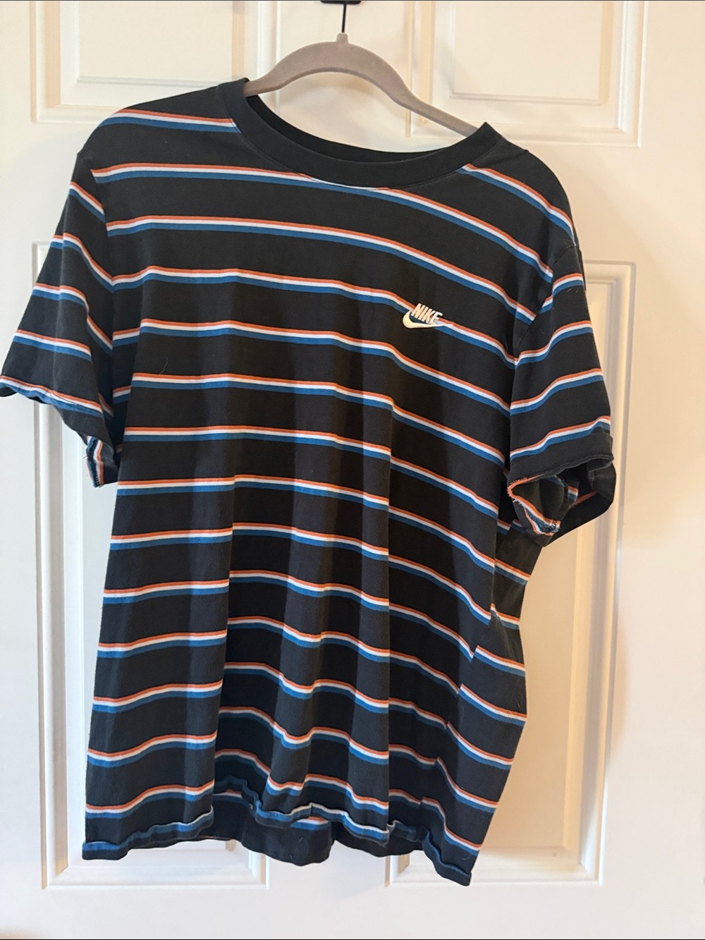 Nike Black Crewneck Tee with Blue and Orange Stripes